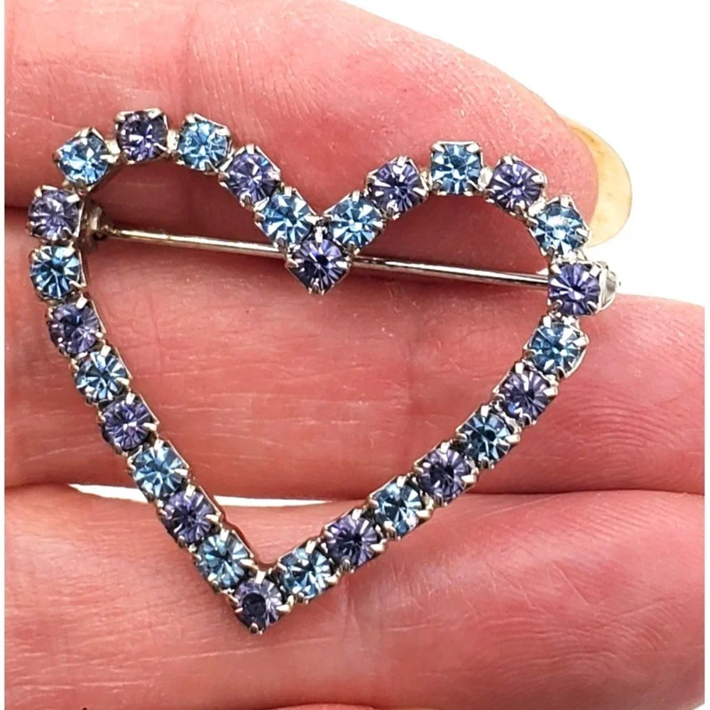 Vintage Purple and Blue Rhinestone Heart Pin